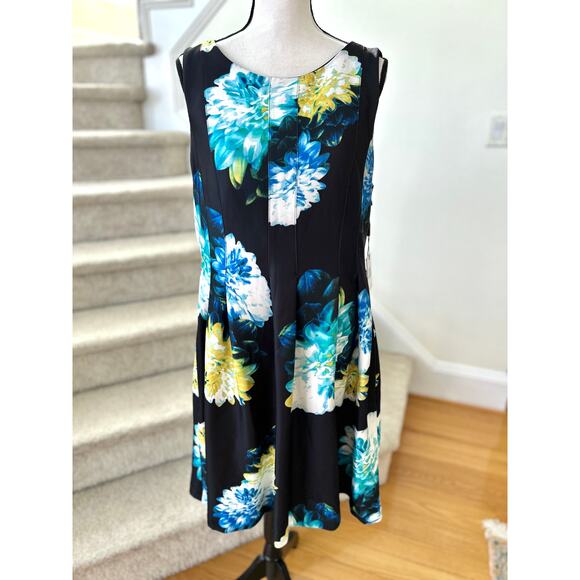 NWT Calvin Klein Black & Blue Yellow Oversize Floral Print A-Line Dress - Picture 1 of 6